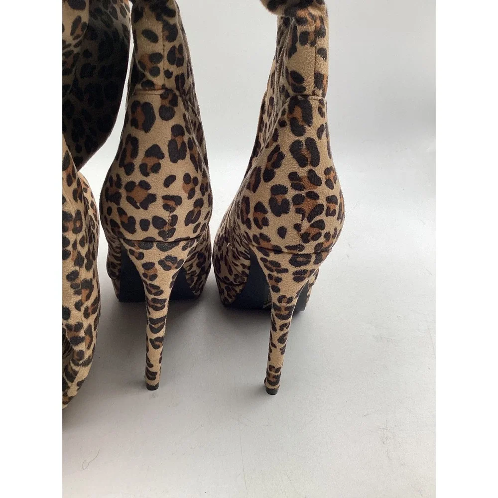 AmiClubwear Leopard Print Over The Knee Platform Stiletto Boots Brown Tan Sz‎ 10